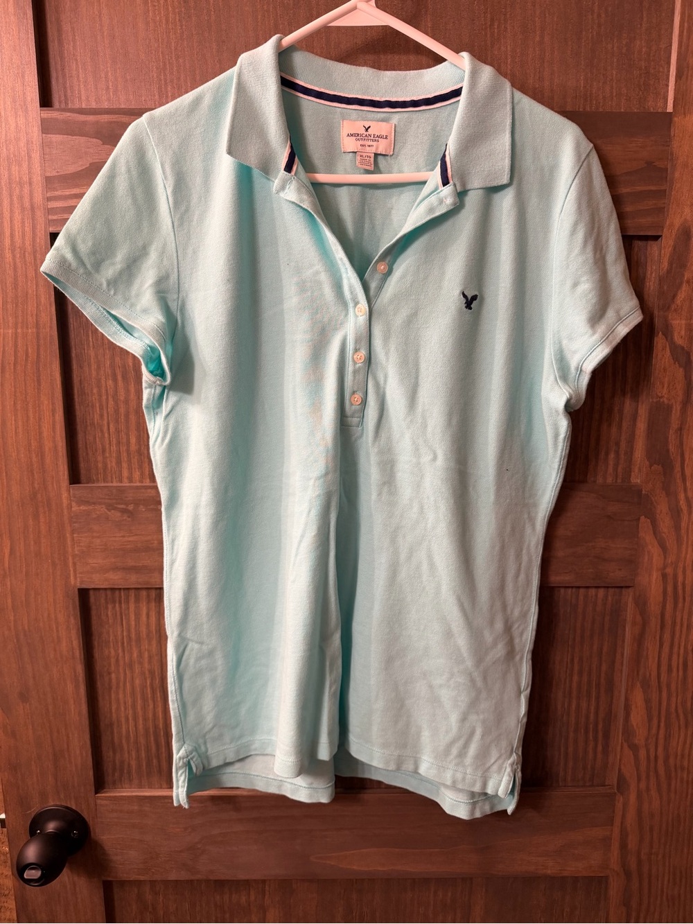 American Eagle Outfitters Women's Polo Shirt in Light Aqua with Navy Logo